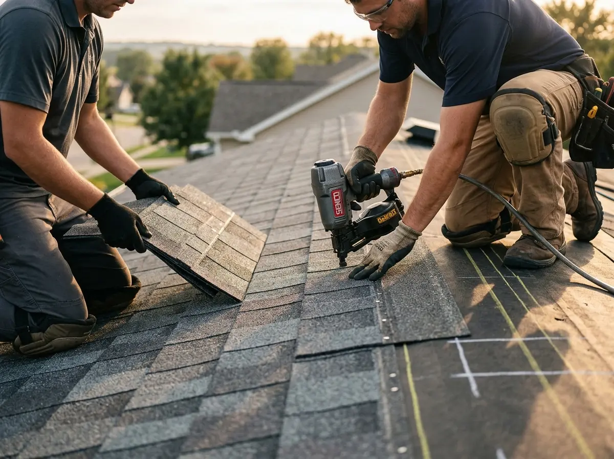 Professional roofer working on a residential roof in De Queen